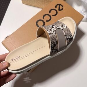 Ecco Beige Snake-Print Slide Sandals with Taupe Strap